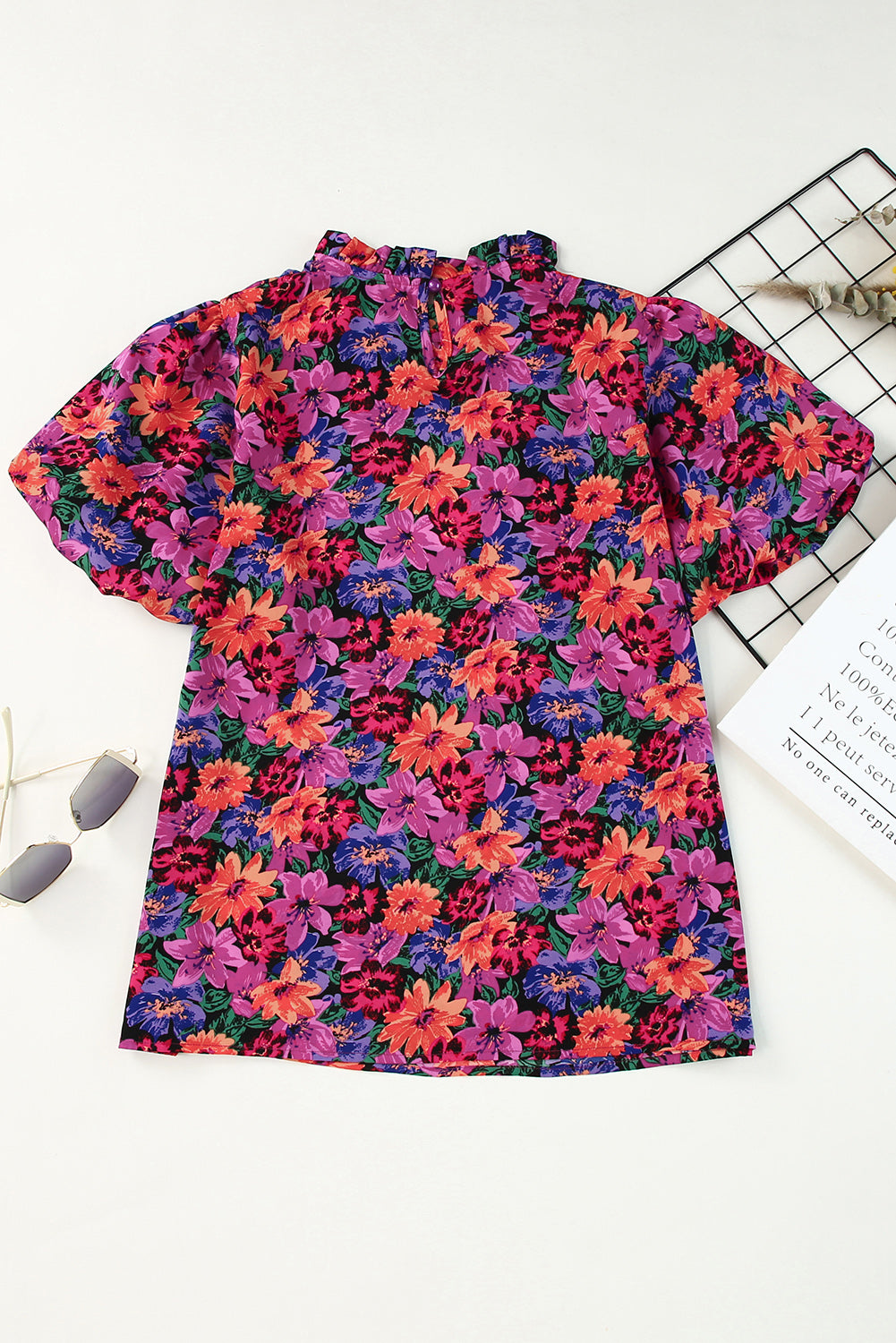 Multicolor Floral Print Round Neck Puff Sleeve Blouse - LA Grand