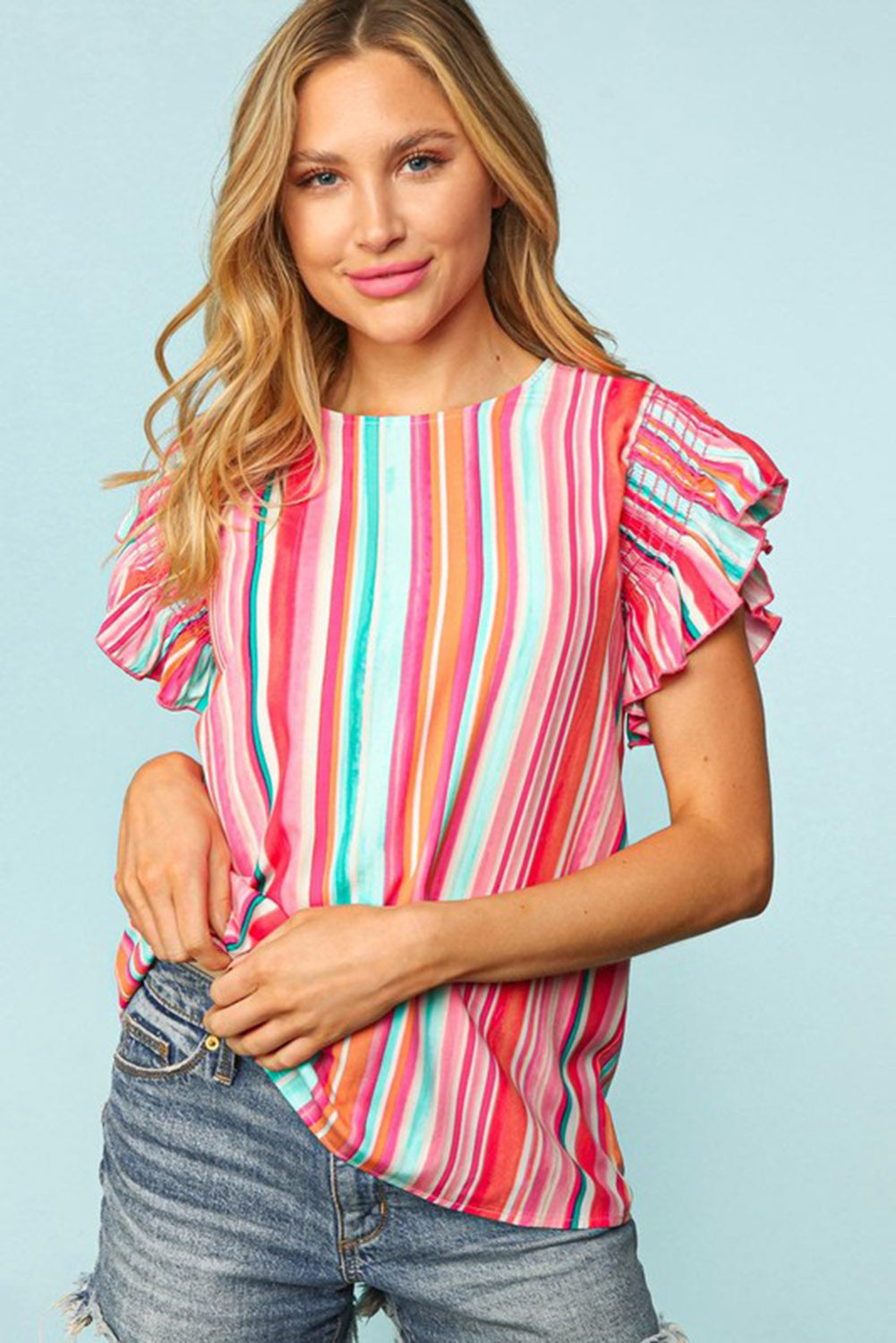 Multicolor Abstract Print Stitching Ruffle Sleeve Blouse - LA Grand