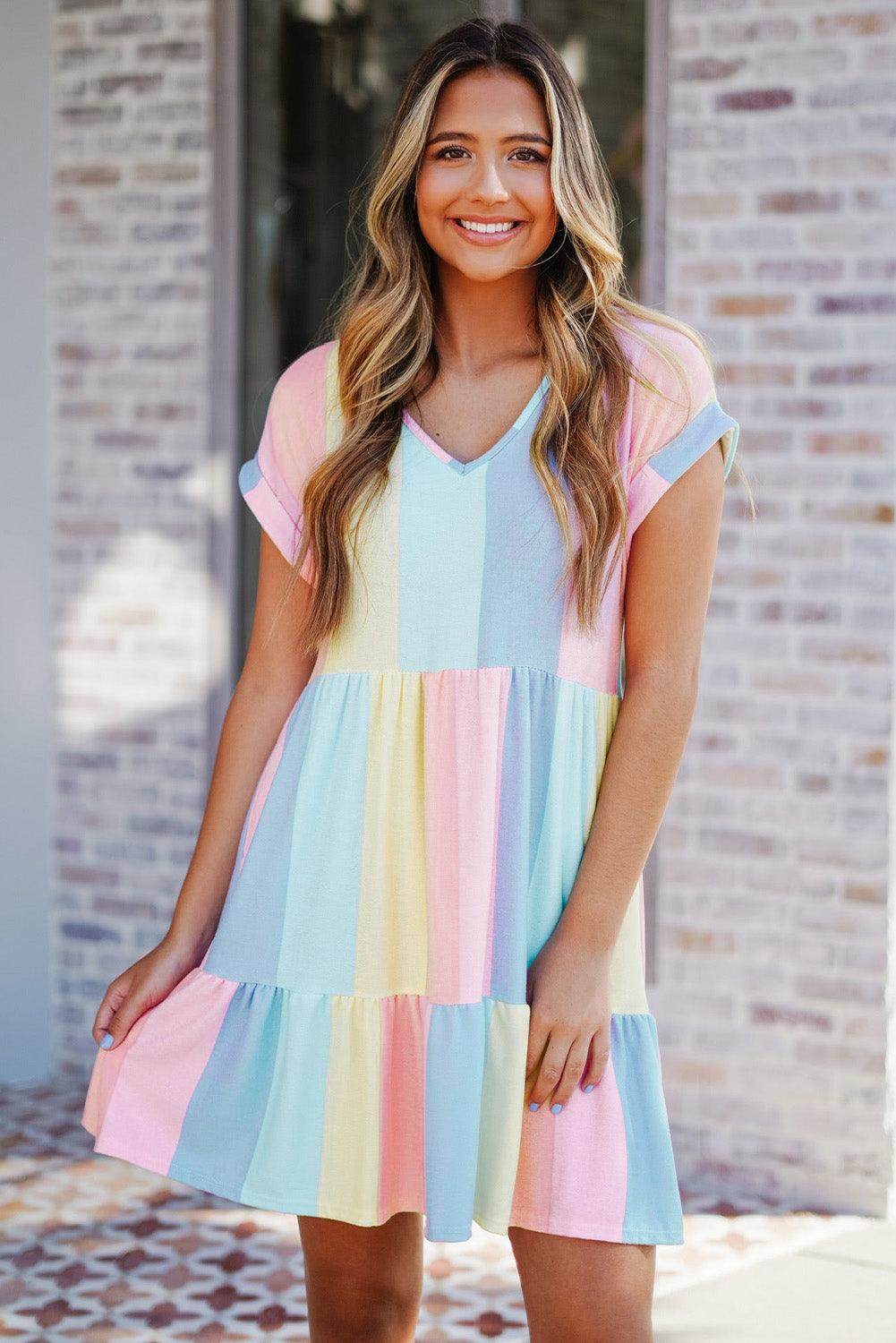 Multicolor Striped Color Block Tiered Mini Dress - LA Grand