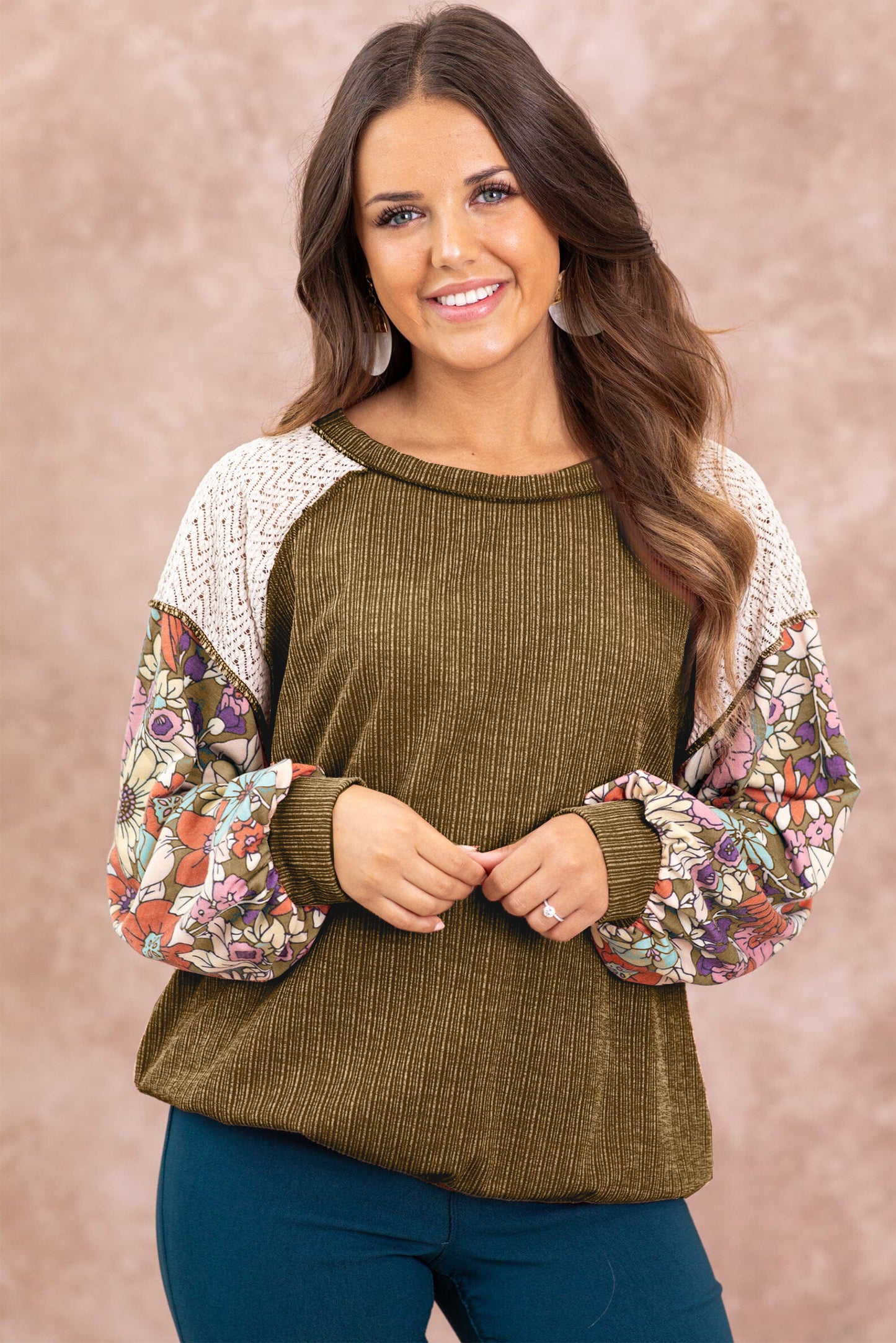 Rose Pink Floral Patchwork Puff Sleeve Textured Blouse - LA Grand