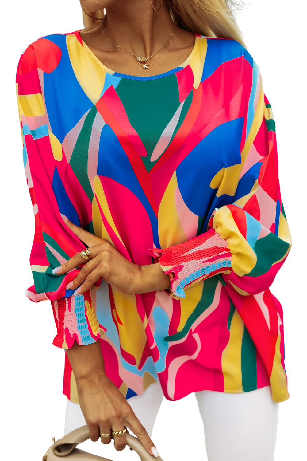 Multicolor Abstract Print Smocked Puff Sleeve Blouse - LA Grand