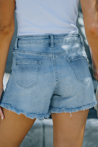 Light Blue Distressed Ripped Denim Shorts with Pockets - LA Grand