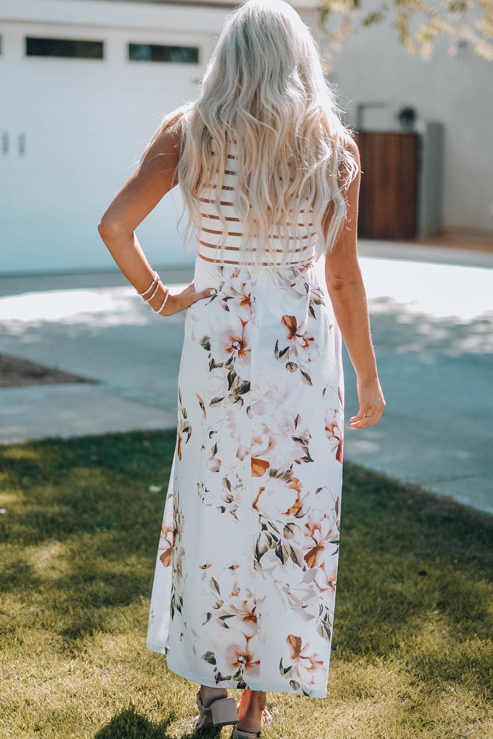 White Striped Floral Print Sleeveless Maxi Dress with Pocket - LA Grand