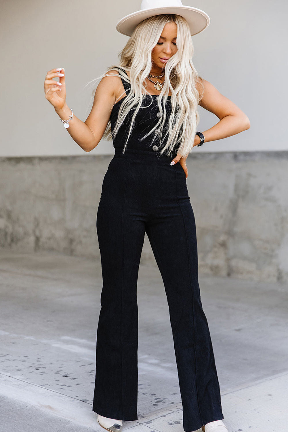 Black Sleeveless Buttoned Bodice Wide Leg Corduroy Jumpsuit - LA Grand