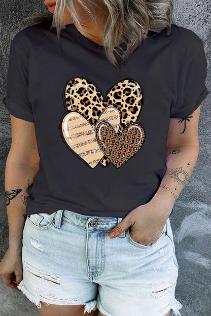 Black Leopard Striped Heart Graphic Plus Size T-shirt - LA Grand