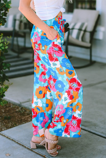 Multicolor Abstract Floral Print Drawstring Wide Waistband Pants - LA Grand