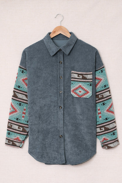 Aztec Pattern Sleeve Pocketed Corduroy Shacket - LA Grand