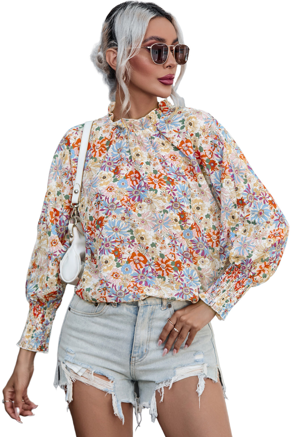 Multicolor Shirred Cuffs Bubble Sleeve Floral Blouse - LA Grand