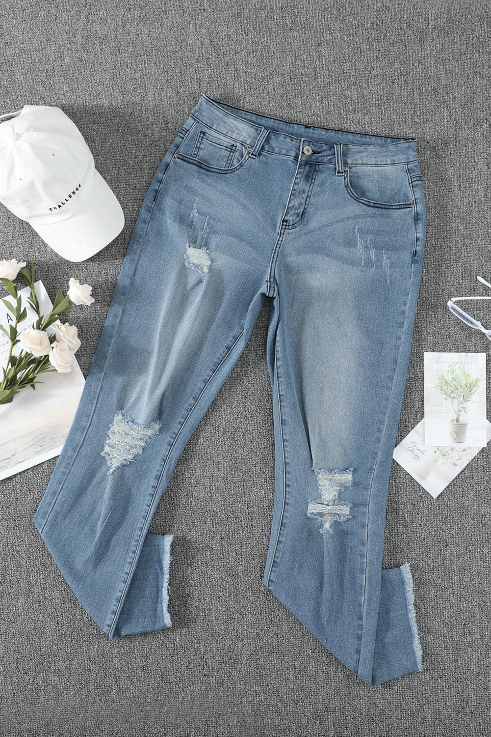 Sky Blue Ripped Slim Fit Washed Jeans - LA Grand