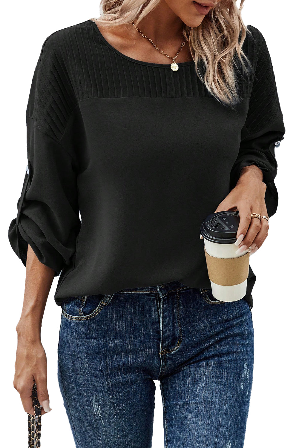 Black Roll Up Sleeve Stitching Detail Blouse - LA Grand