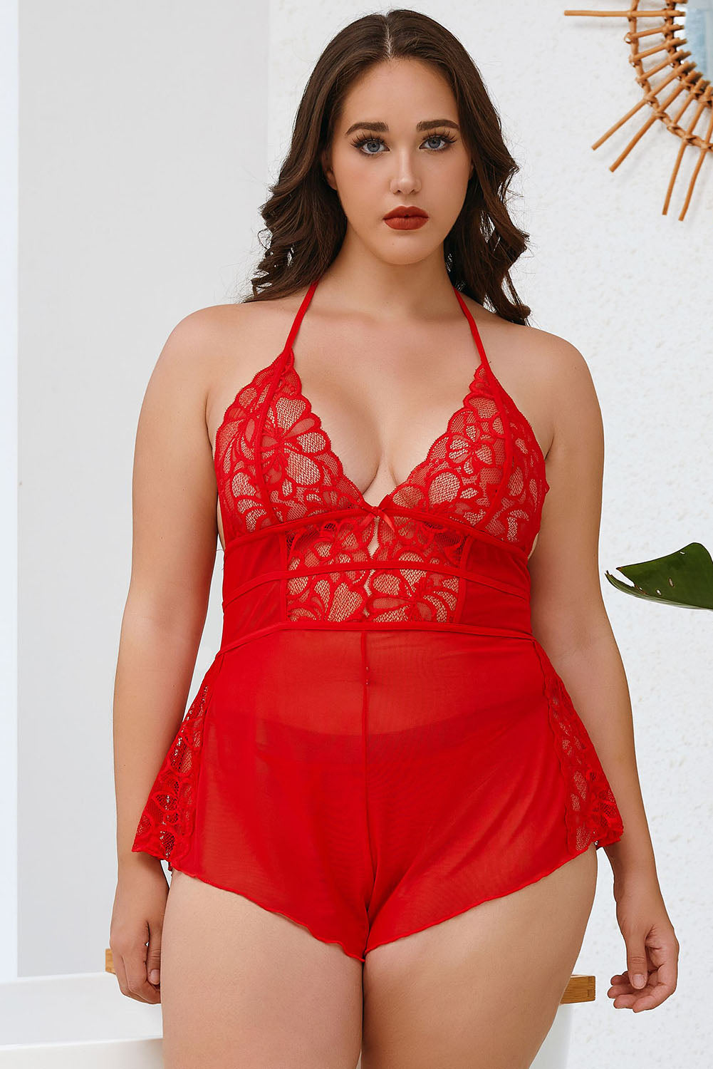 Fiery Red Plus Size Lace Backless Halter Neck Teddy Lingerie - LA Grand