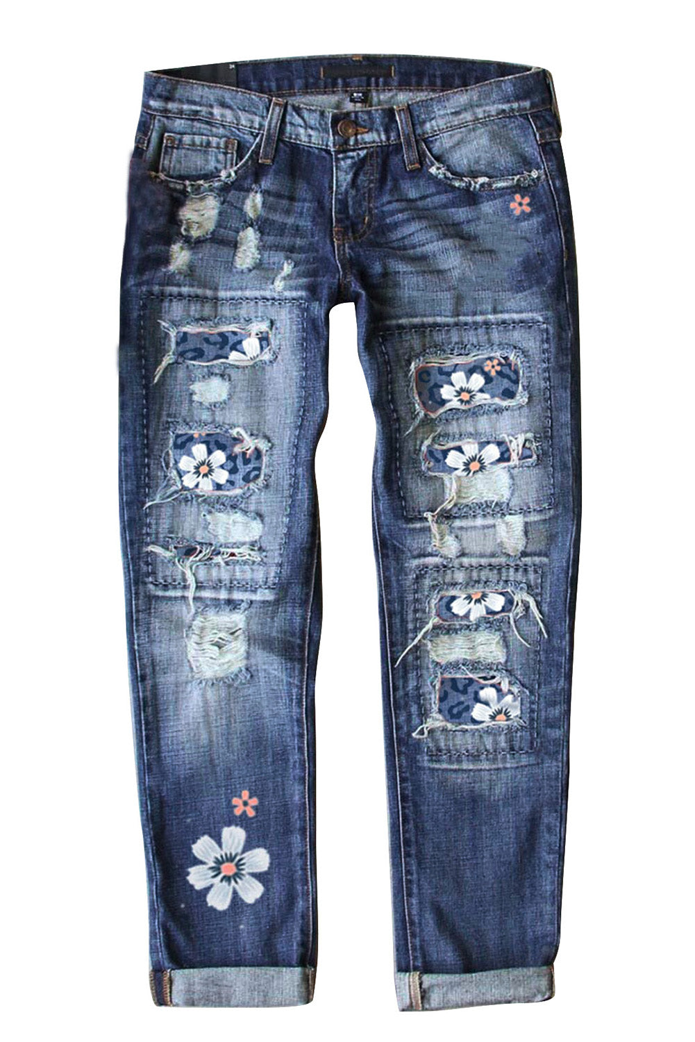 Sky Blue Floral Leopard Print Patchwork Distressed High Waist Jeans - LA Grand