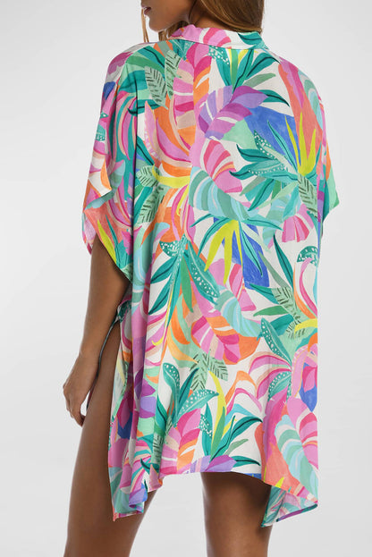 Multicolor Plant Print Button-up Half Sleeve Beach Cover Up - LA Grand