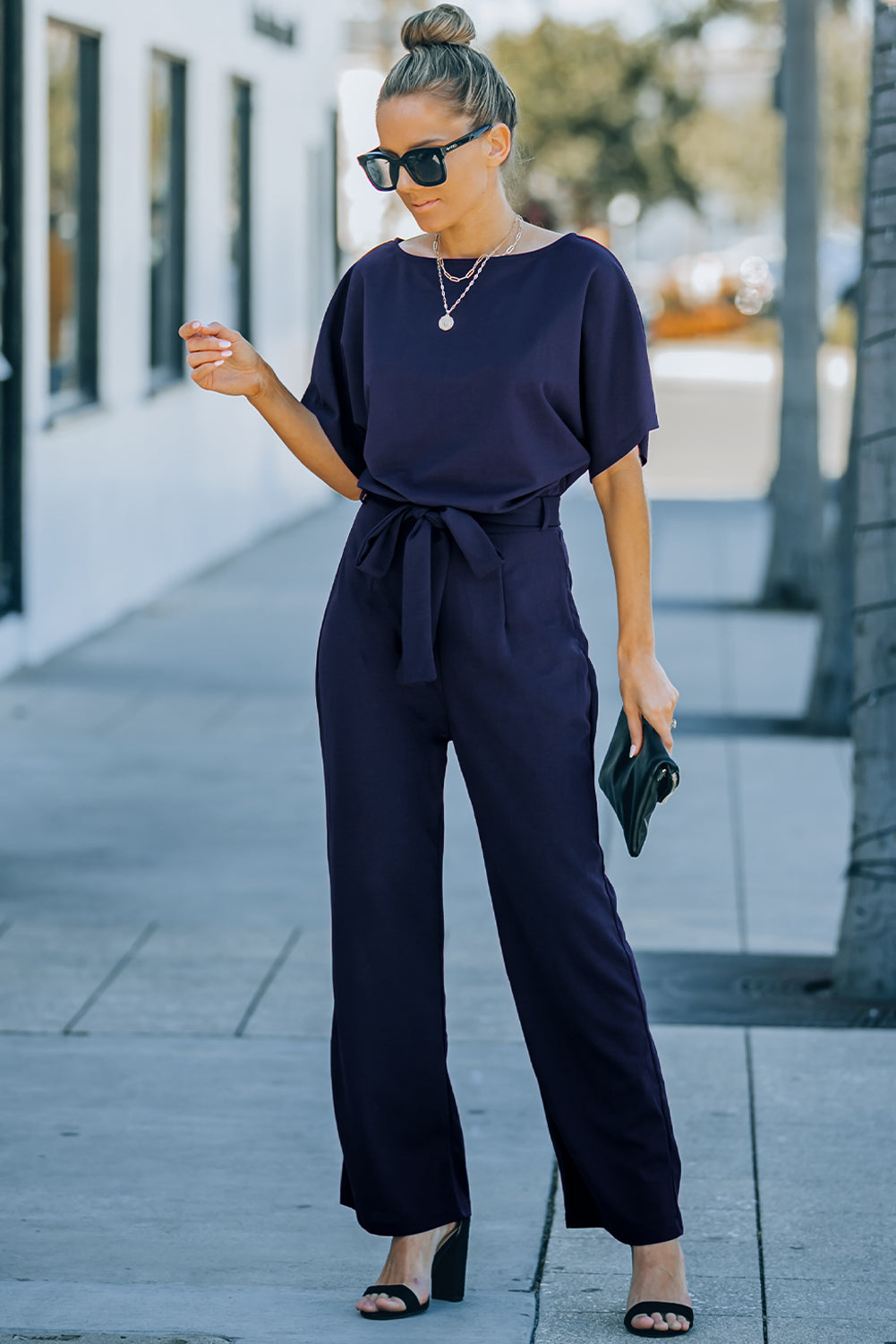 Indigo Glamour: Belted Wide Leg Jumpsuit - LA Grand