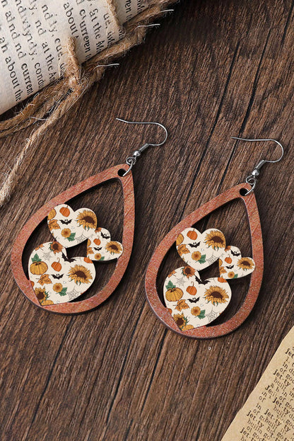 Beige Waterdrop Shaped Halloween Print Heart Earrings - LA Grand