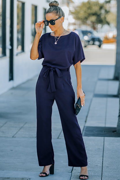 Indigo Glamour: Belted Wide Leg Jumpsuit - LA Grand