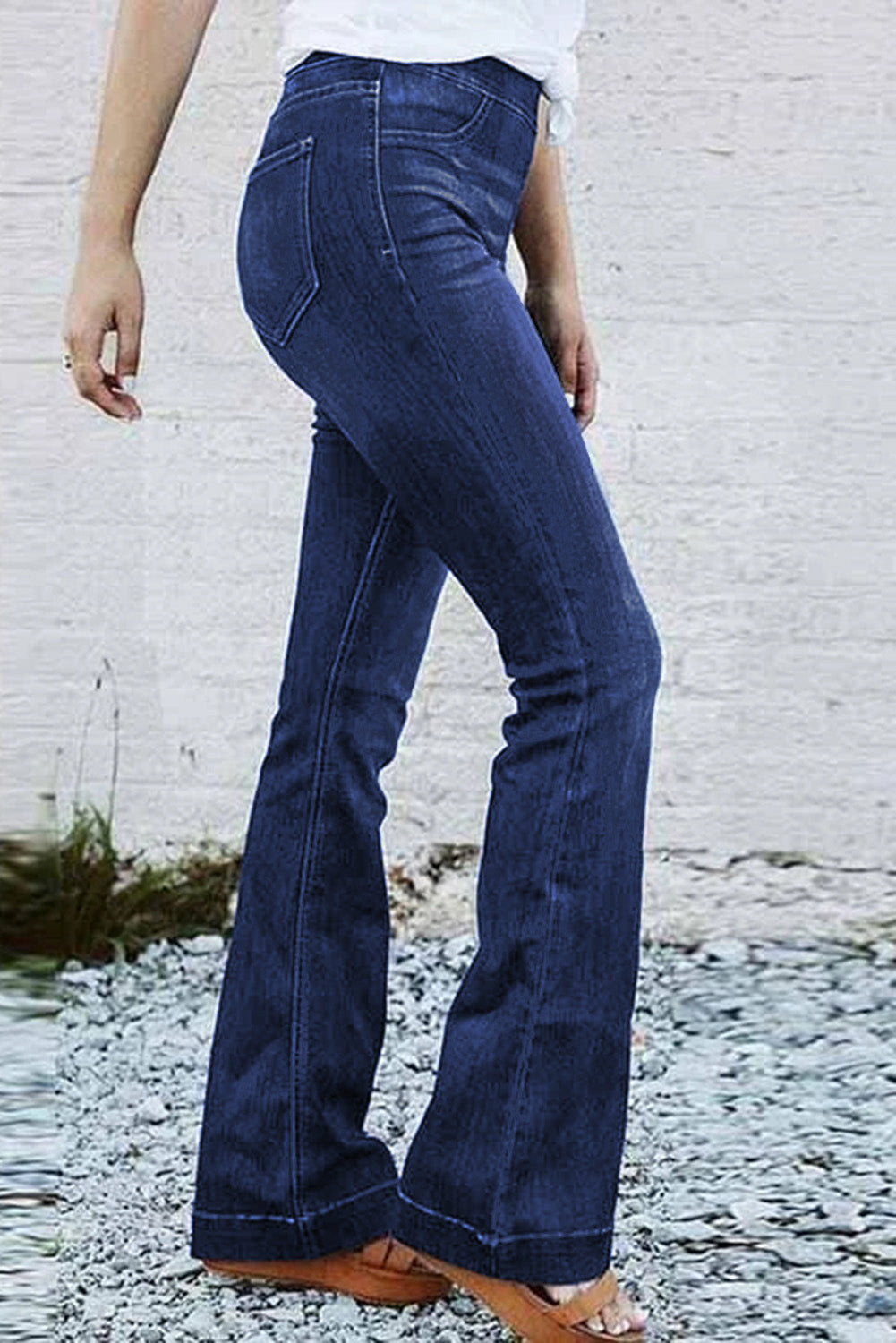 Blue High Rise Elastic Waist Flare Jeans - LA Grand