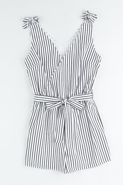 White Striped Print Wrap Sleeveless Romper - LA Grand