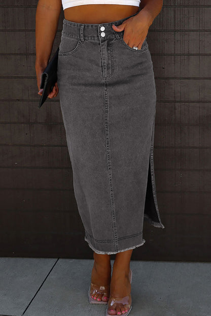 Black Raw Edge Side Slits Buttoned Midi Denim Skirt - LA Grand