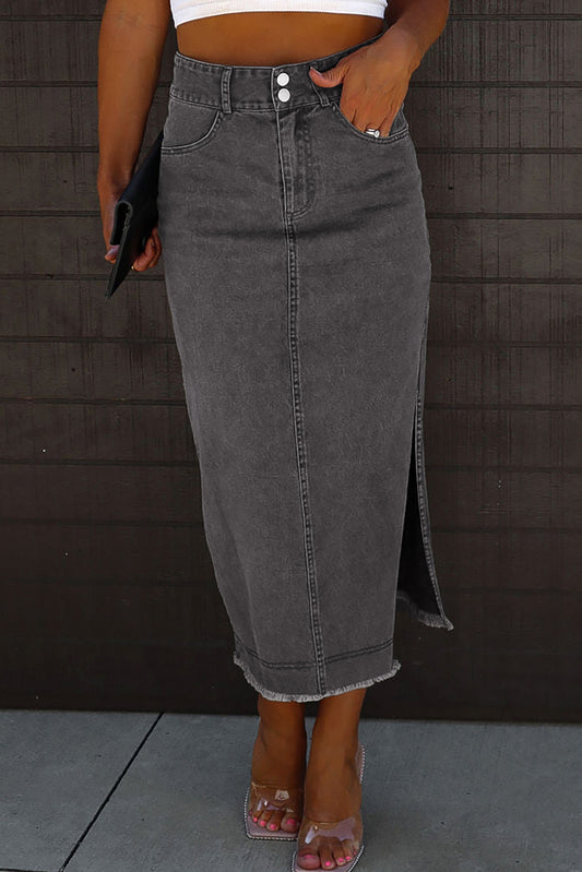 Black Raw Edge Side Slits Buttoned Midi Denim Skirt - LA Grand