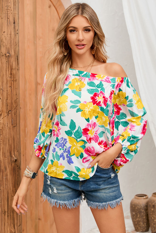 White Water Painting Flowers Puff Sleeve Blouse - LA Grand