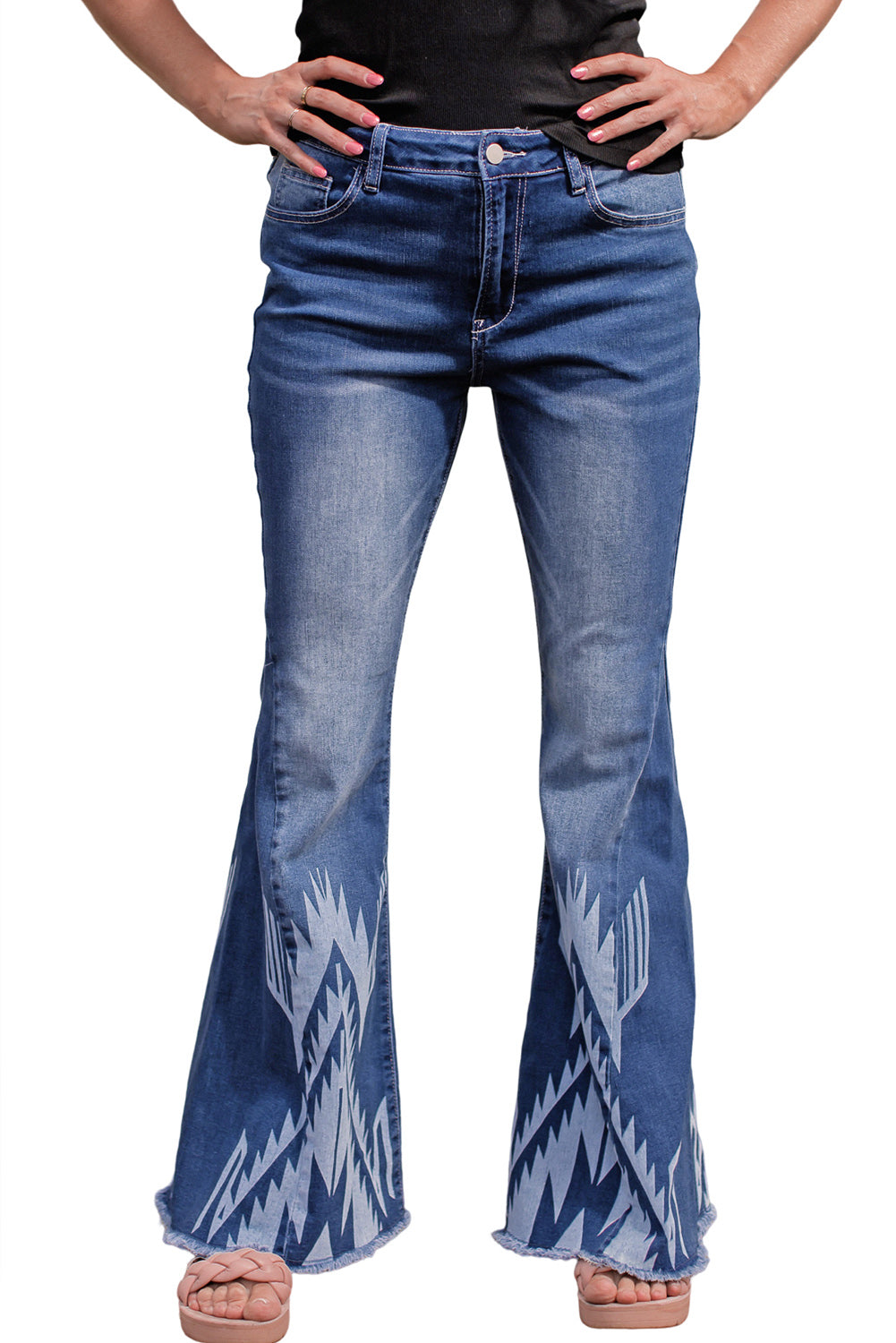 Blue Western Pattern High Rise Flare Jeans - LA Grand