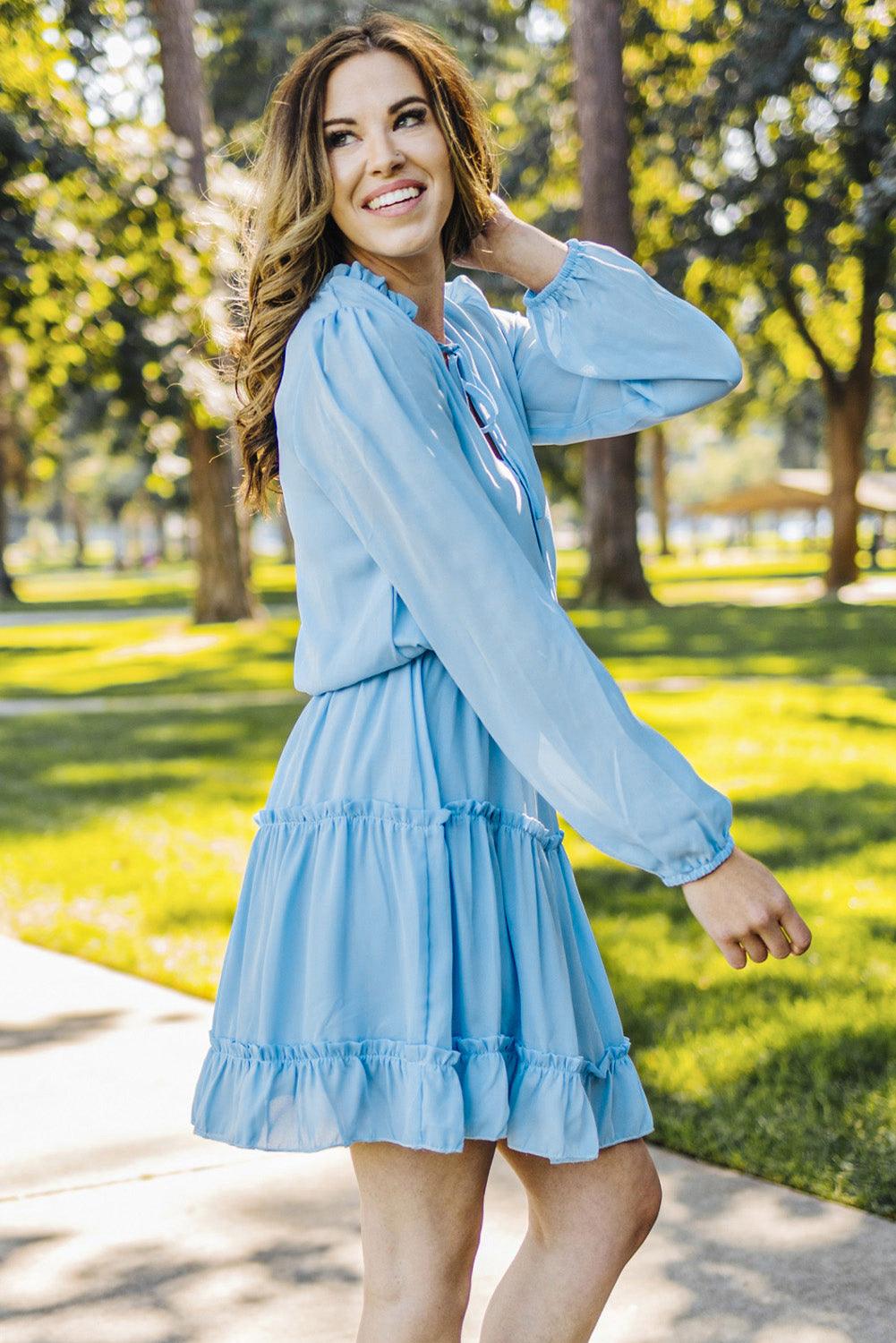 Light Blue V Neck Long Sleeve Ruffle Tiered Mini Dress - LA Grand