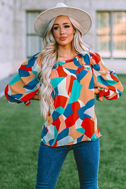 Abstract Pattern Crewneck Ruffled Puff Sleeve Blouse - LA Grand