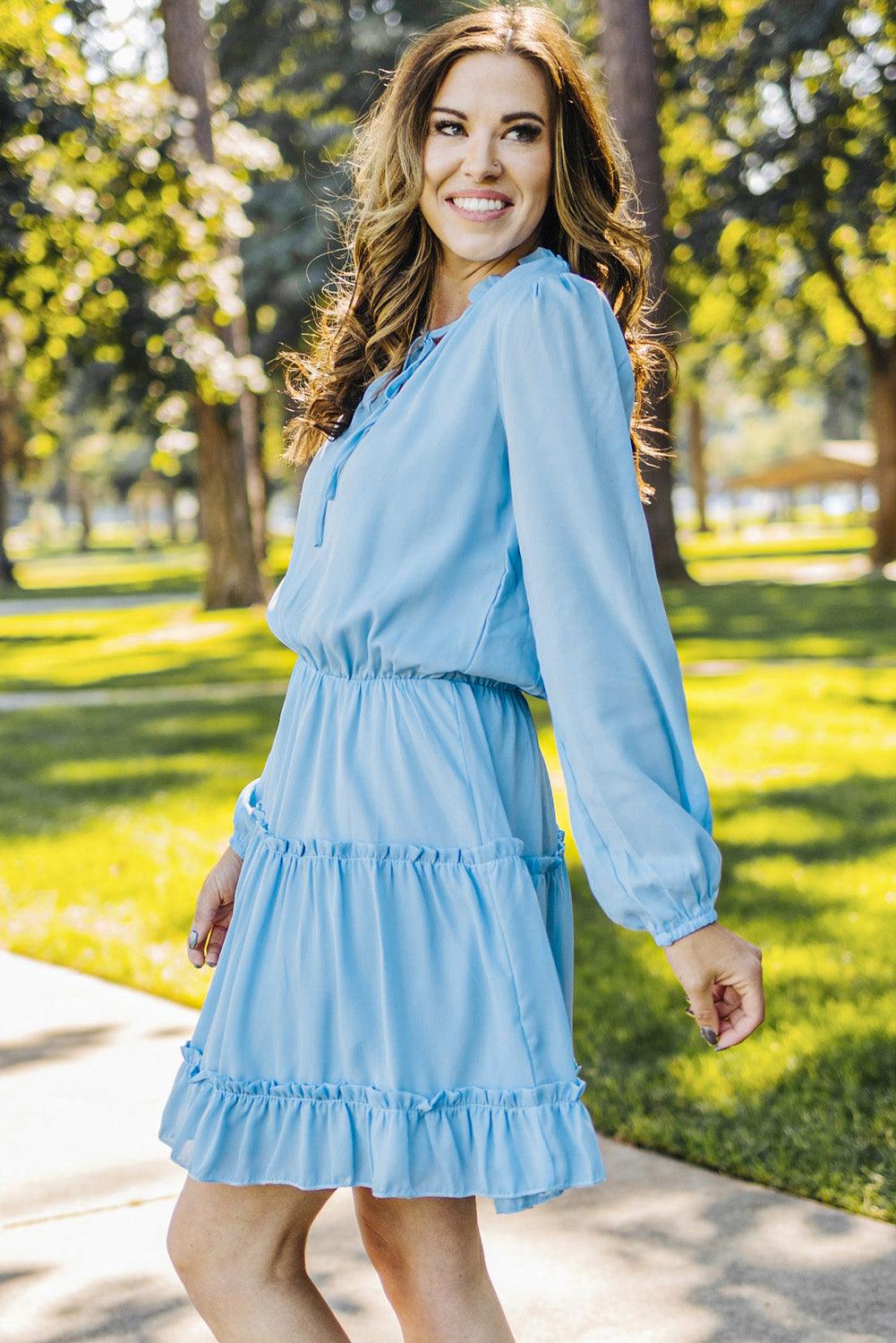 Light Blue V Neck Long Sleeve Ruffle Tiered Mini Dress - LA Grand