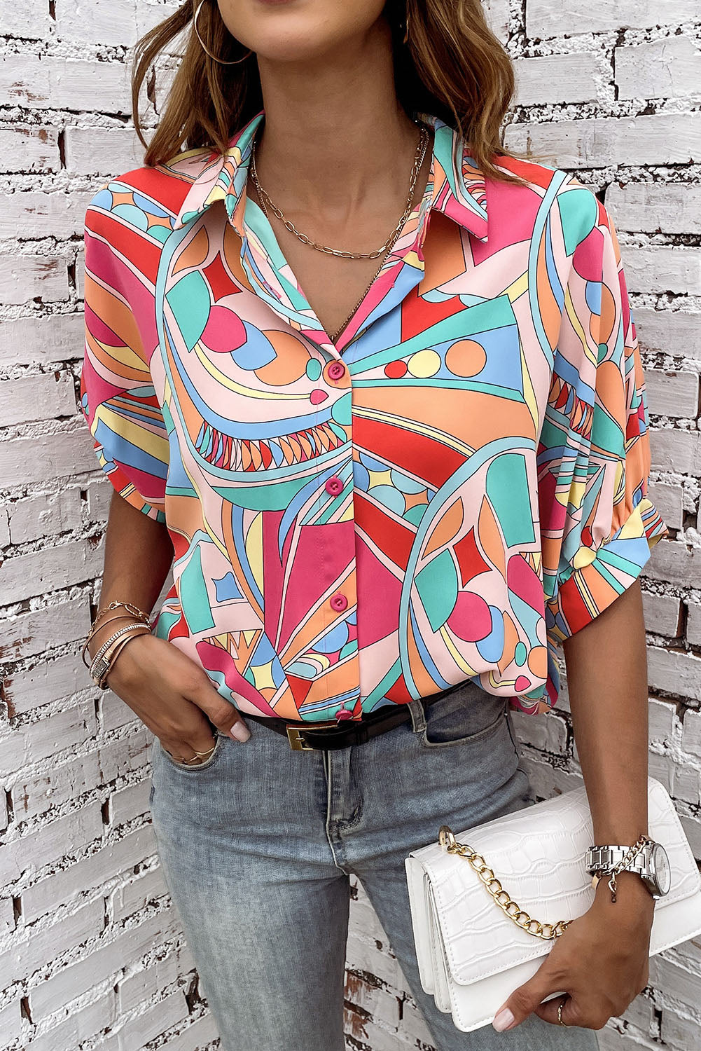 Multicolor Abstract Geometry Print Half Puff Sleeve Loose Shirt - LA Grand