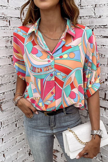 Multicolor Abstract Geometry Print Half Puff Sleeve Loose Shirt - LA Grand