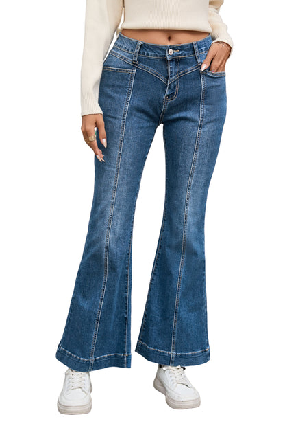 Blue High Waist Seam Stitching Pocket Flare Jeans - LA Grand