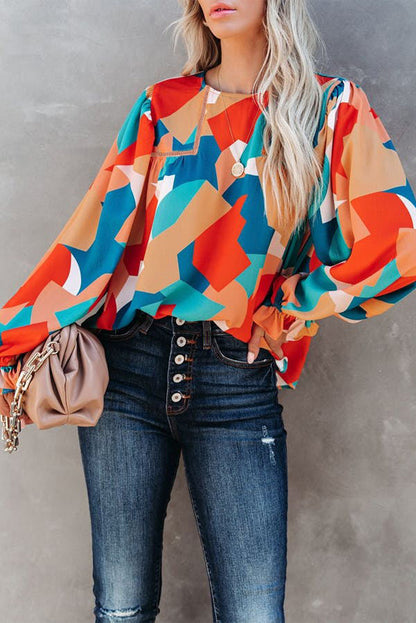 Abstract Pattern Crewneck Ruffled Puff Sleeve Blouse - LA Grand