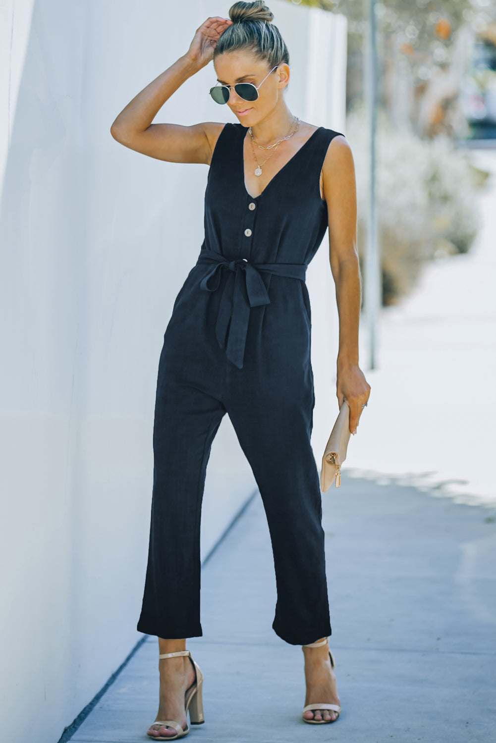 Black V Neck Button Belted Jumpsuit with Pockets - LA Grand