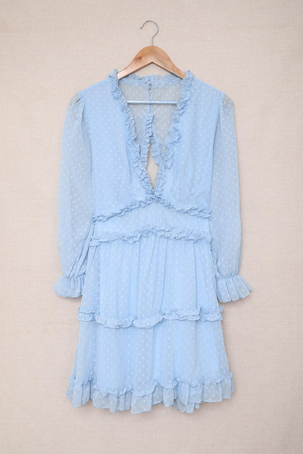 Sky Blue Layered Ruffled Open Back Puff Sleeve Swiss Dot Mini Dress - LA Grand