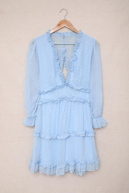 Sky Blue Layered Ruffled Open Back Puff Sleeve Swiss Dot Mini Dress - LA Grand