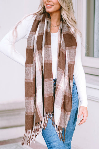 Brown Tasseled Hem Plaid Scarf - LA Grand