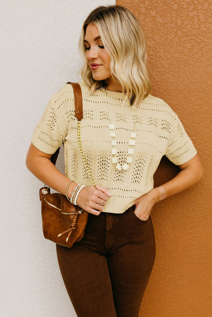 Beige Knitted Hollow out Short Sleeve Crop Sweater - LA Grand