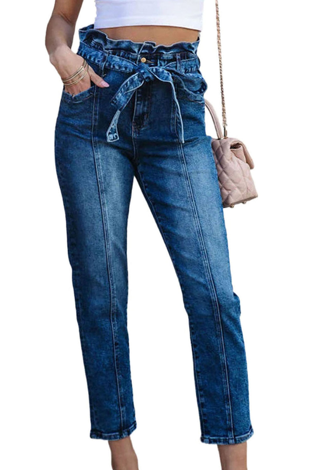 Blue Seamed Stitching High Waist Knot Skinny Jeans - LA Grand