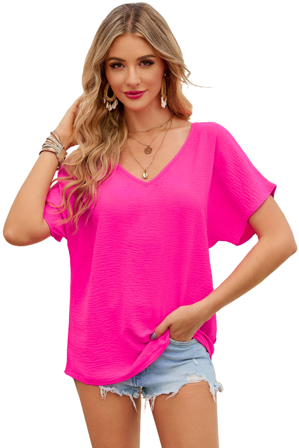 Pink Solid V Neck Short Sleeve Blouse - LA Grand