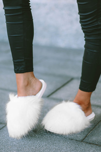 White Fuzzy Round Toe Home Slippers - LA Grand