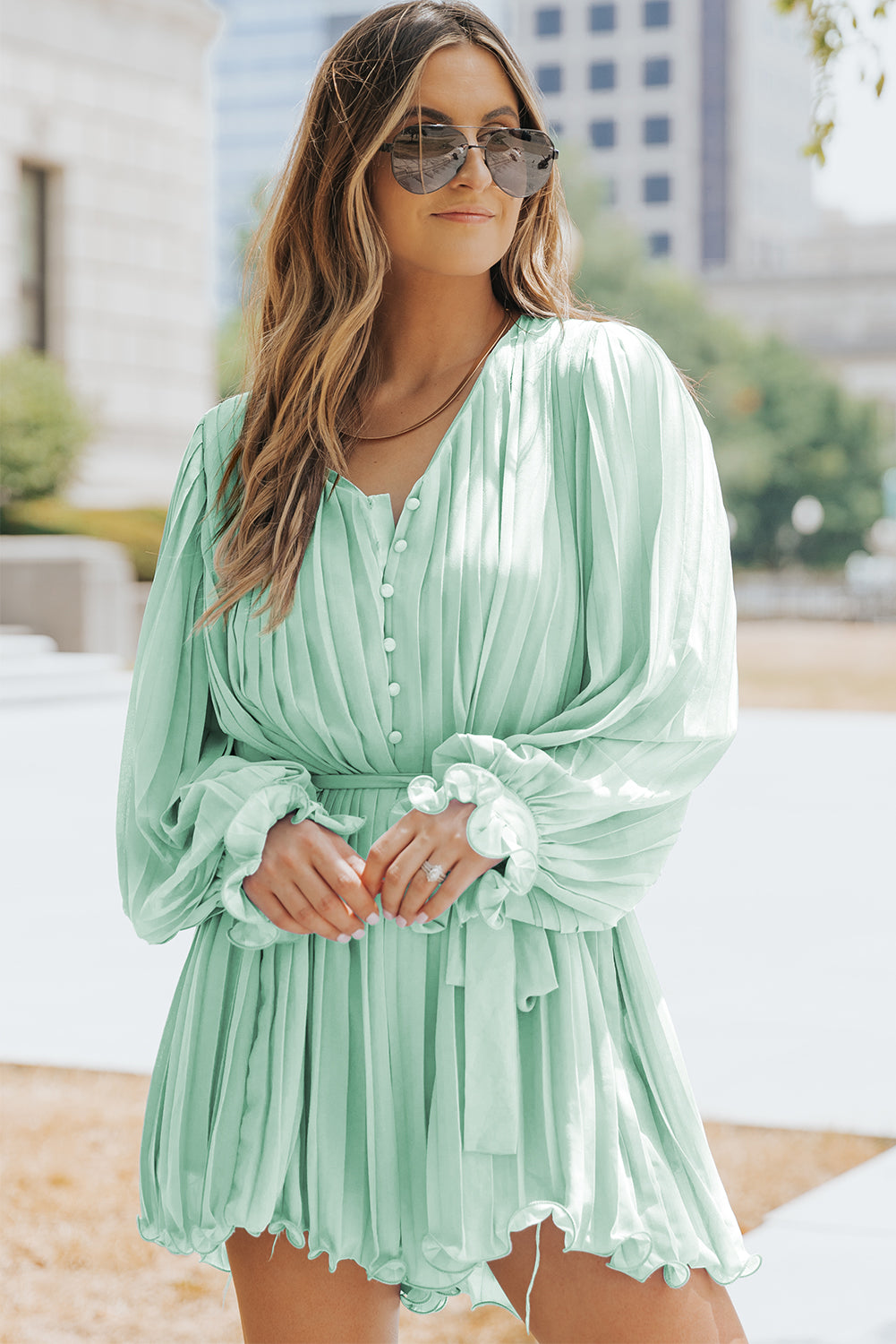 Green Pleated Ruffled Tie Waist Buttons V Neck Romper - LA Grand