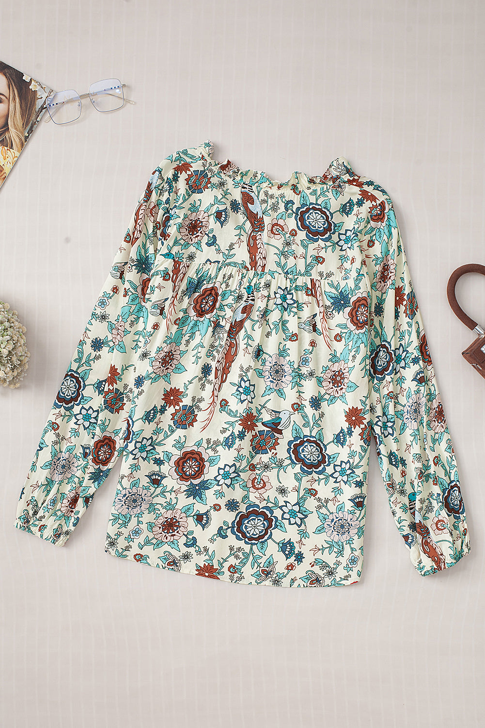 Apricot Floral Frilled V Neck Long Sleeve Blouse - LA Grand