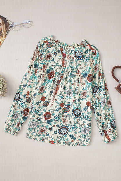 Apricot Floral Frilled V Neck Long Sleeve Blouse - LA Grand