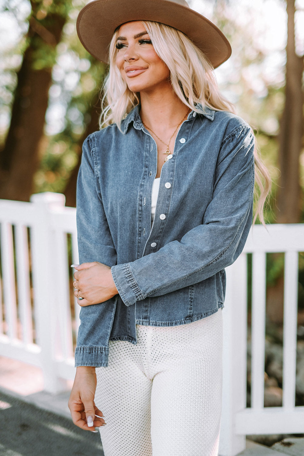 Sky Blue Medium Wash Collared Seamed Denim Shirt - LA Grand