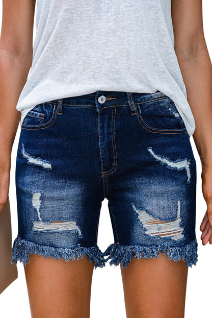 Blue High Waist Distressed Skinny Fit Denim Shorts - LA Grand