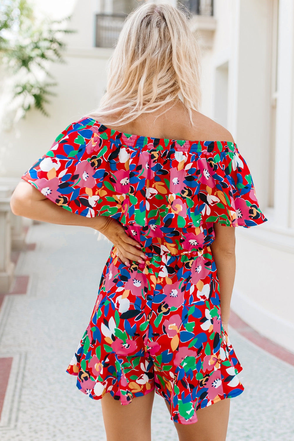 Fiery Red Floral Off Shoulder Short Sleeves Ruffle Romper - LA Grand