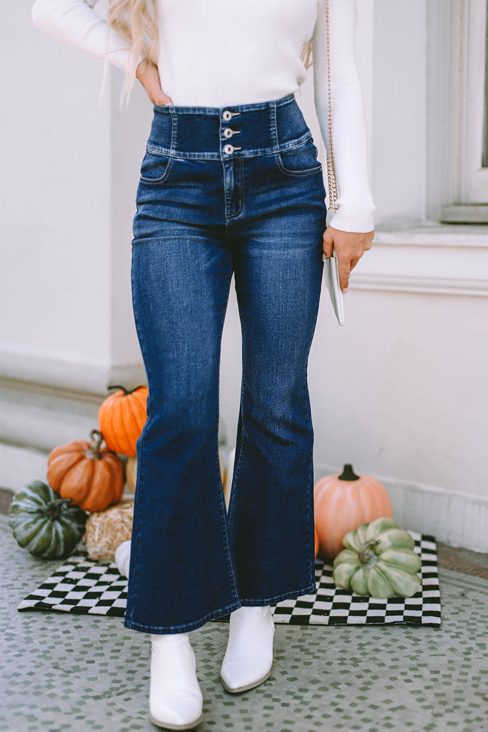 Blue Buttons Elastic Wide Waistband Back Flare Jeans - LA Grand