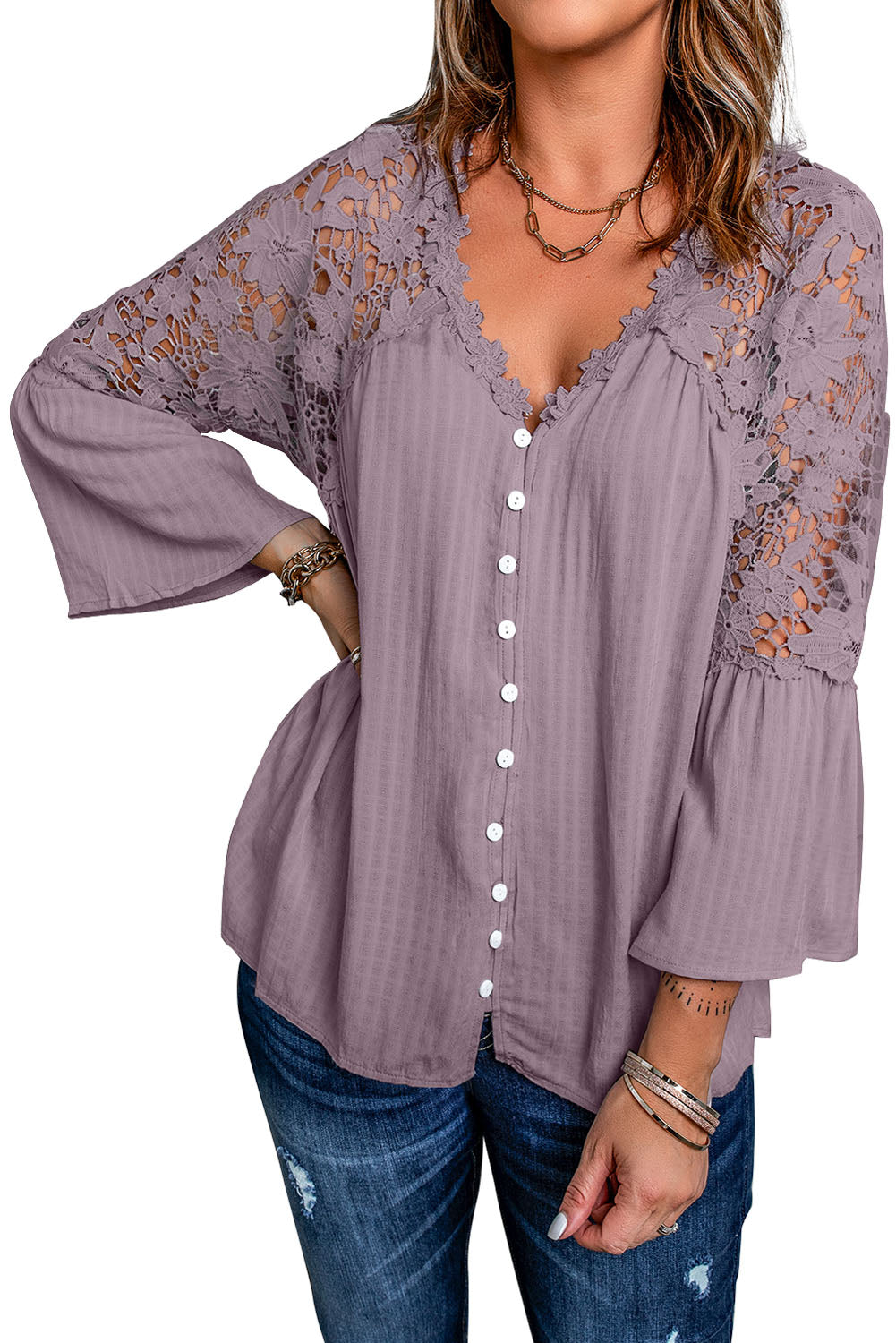 Purple Crochet Lace Button Top - LA Grand