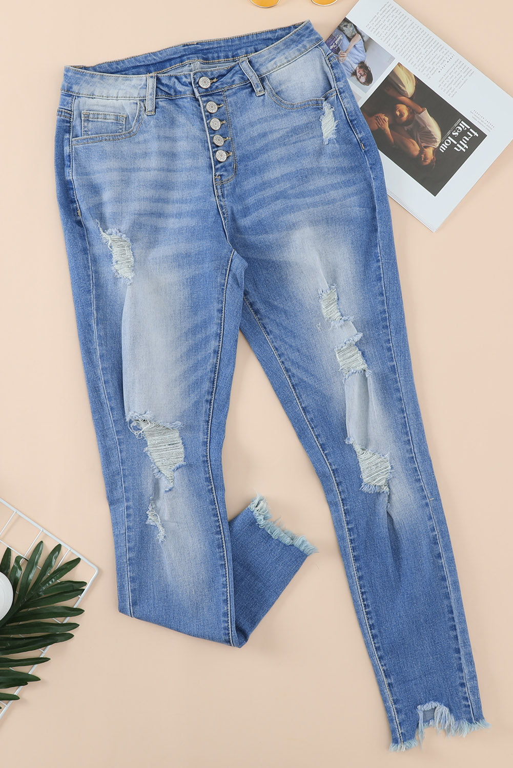 Blue High Rise Button Front Frayed Ankle Skinny Jeans - LA Grand